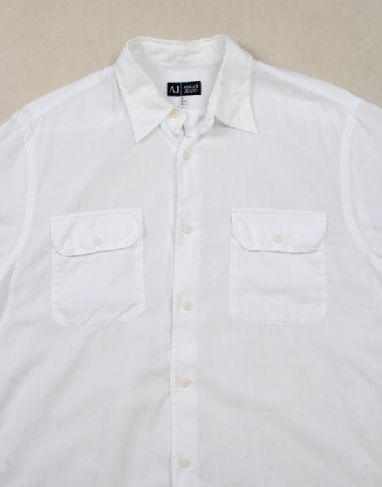 ARMANI JEANS NATURAL COTTON , PURE LINEN HALF SHIRT   ( Made in ITALY , L size )